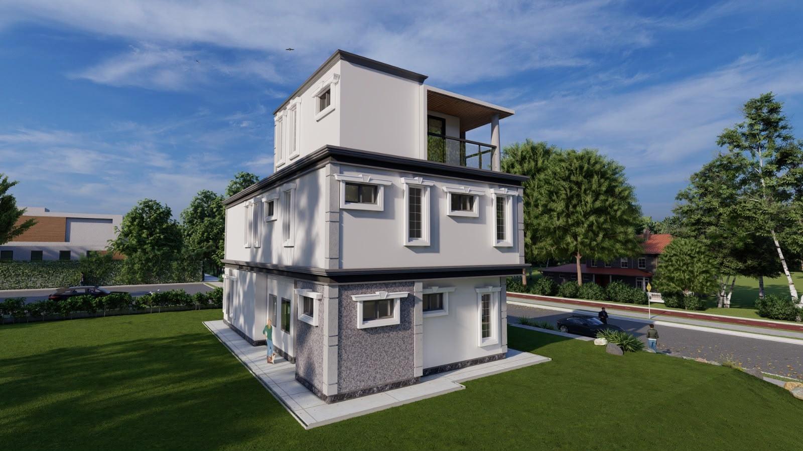 3D render of a three-storey house with a corner balcony on the top floor