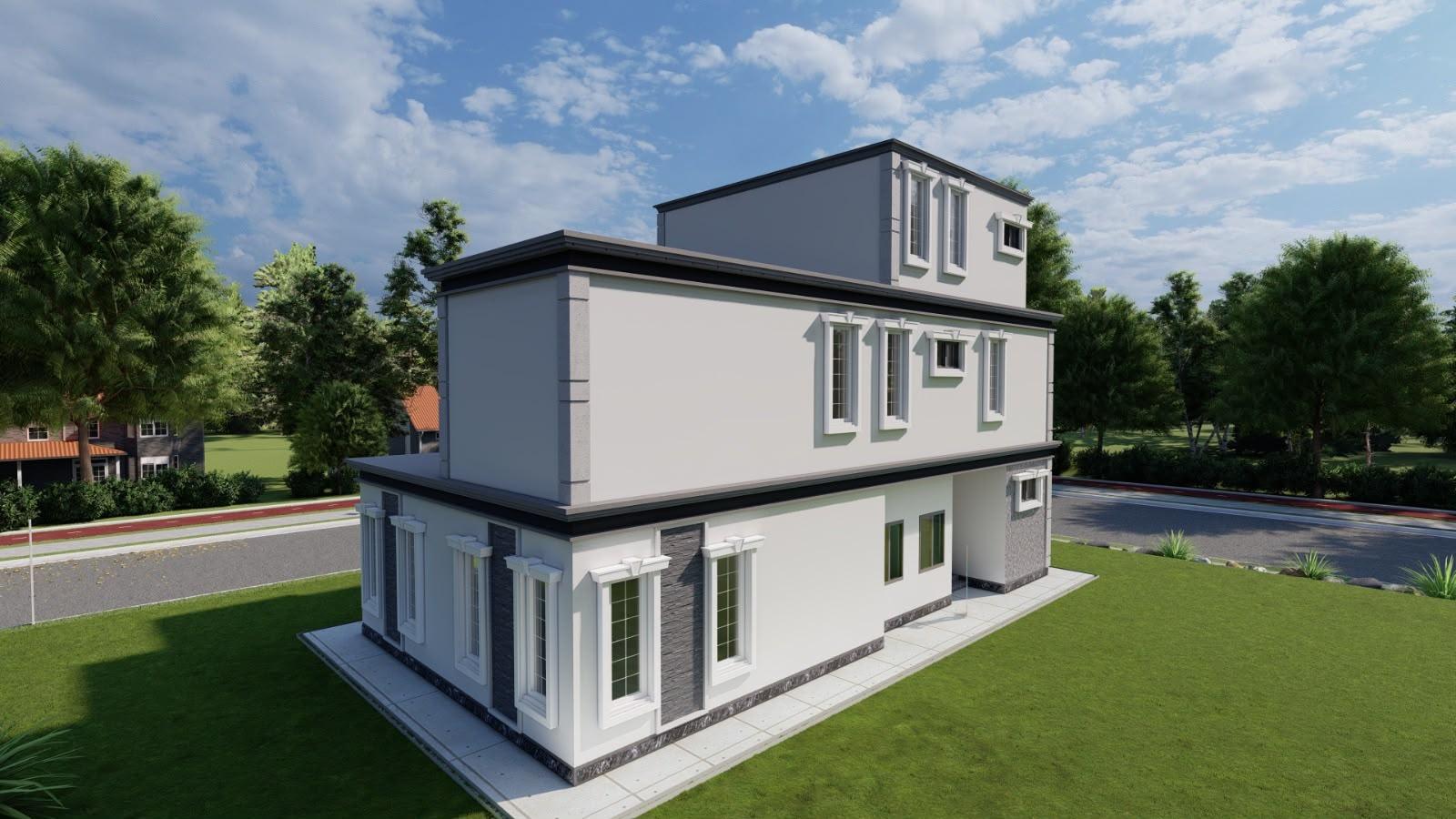 3D render of the same house from a higher angle, with a lawn and street beside it